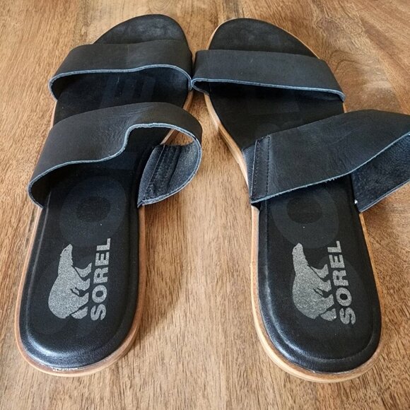 Sorel Ella II Flat Leather Slip-On Black Slide Sandals Womens Size 11 - Picture 1 of 11